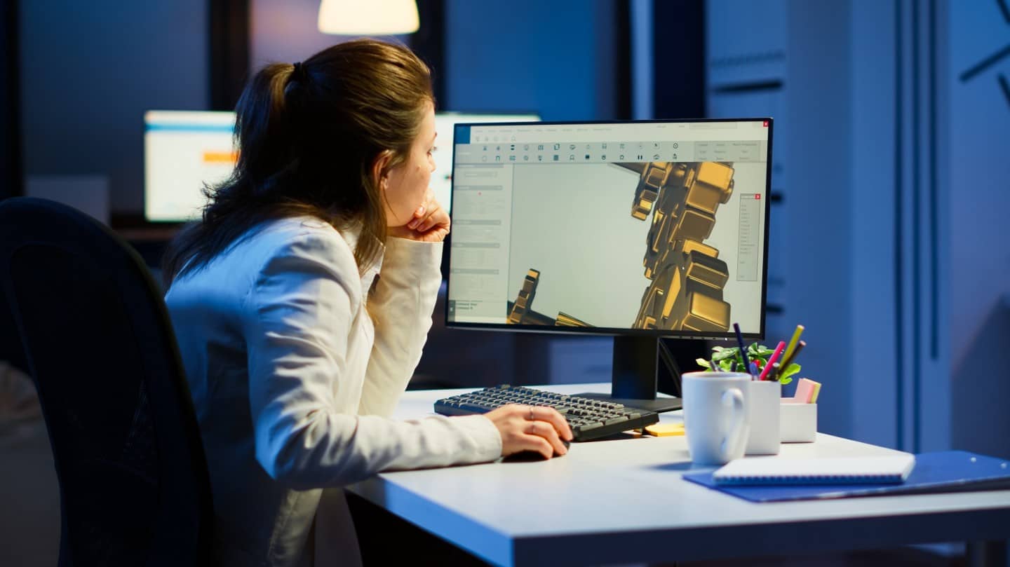 Tired woman architect working on modern cad program overtime